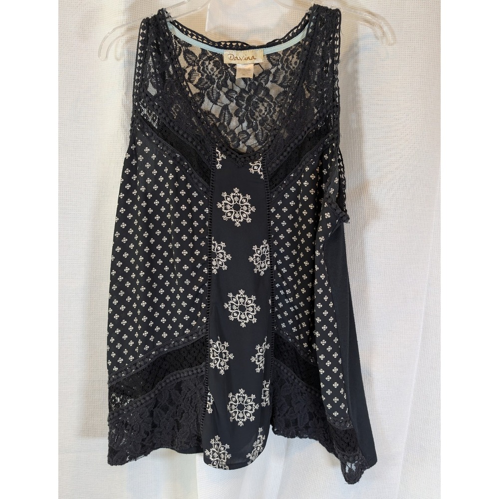 Davina Women's XL Black Lace Crochet Panel Tank Top Geometric Embroidered
